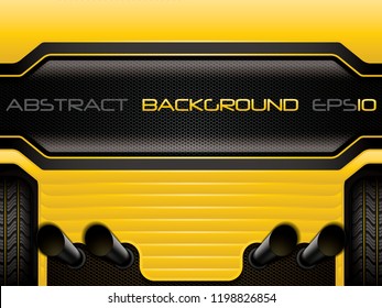 Abstract background, yellow brochure with car tires and exhaust, vector illustration