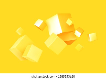 Abstract Background yellow color with 3d cubes. Geometric object block, Pattern square.