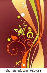 Abstract background from yellow and green curves and flowers.