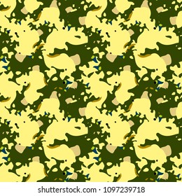 Abstract background in yellow, olive, blue and green colors as UFO camouflage. Seamless repeat bright pattern usable as unusual urban camo, wallpaper, backdrop or for print for textile