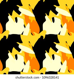 Abstract background in yellow, orange and black colors as UFO camouflage. Seamless repeat bright pattern usable as unusual urban camo, wallpaper, backdrop or for print for textile or wrapping paper