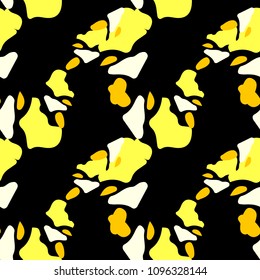 Abstract background in yellow, orange and black colors as UFO camouflage. Seamless repeat bright pattern usable as unusual urban camo, wallpaper, backdrop or for print for textile or wrapping paper
