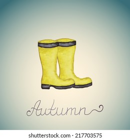 Abstract background with yellow rubber boots. Watercolor paint. Autumn theme. Can be used for card, invitation or some text.