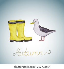 Abstract background with yellow rubber boots and seagull. Watercolor paint. Autumn theme. Can be used for card, invitation or some text.