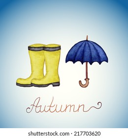 Abstract background with yellow rubber boots and blue umbrella. Watercolor paint. Autumn theme. Can be used for card, invitation or some text.