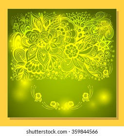 Abstract Background with Zen doodle flowers and light in green yellow for flyer or for banners or for advertising different things