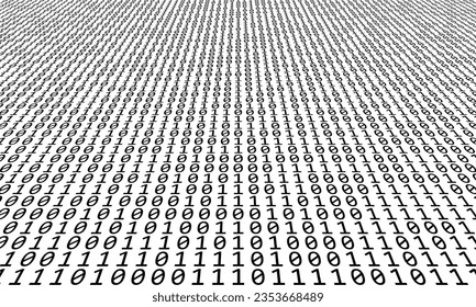Abstract background with zeros and ones numbers. Perspective view to horizon. Black digits on a white background.