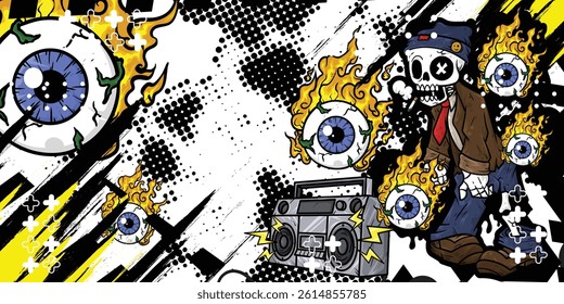 Abstract background with zombie objects and fire eyes, graffiti, vector, eps 10, editable.