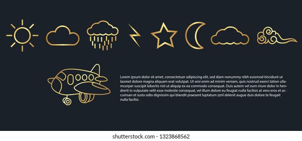 abstract background,Airplane,clouds,moon,sun,rain,thunder,star,gold color,vector illustrations