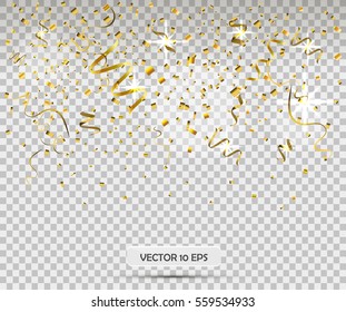 Abstract background.Golden confetti on transparent background.Vector illustration, eps10.Glitter texture.Falling tiny confetti pieces. Confetti isolated. Holiday, party and celebration design element.