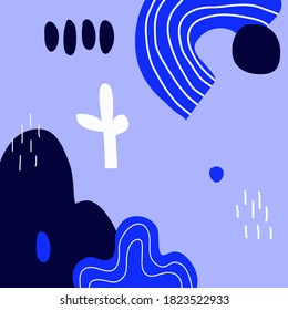 Resumen de fondo.Hand dibujó varias formas y objetos de doodle.Sencillas ilustraciones vectoriales modernas. Colores blu brillantes. Patrón contemporáneo para la impresión. Diseño de fondo de escritorio.