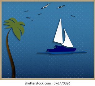 Abstract background-paper seascape with a sailboat. Vector illustration.