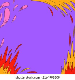 abstract background-psychedelic 1970 good vibes.Square retro template for social media.Text box funky 70s with fire, stars, rainbow.Hippie vintage frame.groovy wallpaper postcard with shapes