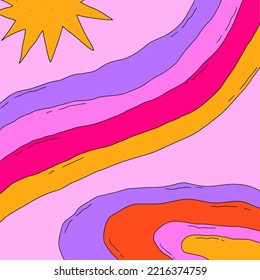 abstract background-psychedelic 1970 good vibes.Square 00s templat for social media.Text box funky 70s with cloud, stars, rainbow.Hippie y2k frames.groovy wallpaper postcard with shapes.boho landscape