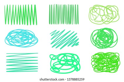 Abstract backgrounds with array of lines. Intricate chaotic textures on white. Wavy samples. Hand drawn tangled patterns. Colorful illustration. Sketchy hatching elements for design