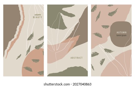 Abstract backgrounds for autumn sales and offers with geometric and nature design, in vertical suitable for social media stories, cards. Vectored, flat style with terracotta, green and make-up tones. 
