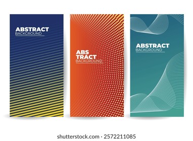 Abstract Backgrounds Banner. Blue with Diagonal Lines, Orange with Dots, Teal with Waves