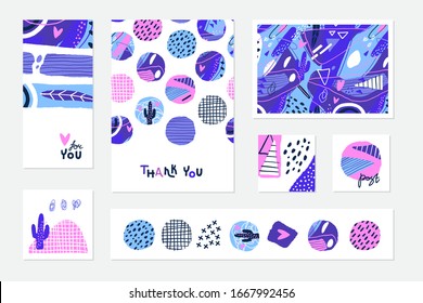 Abstract backgrounds for cards, bookmarks, invitations and covers. Modern hand drawn circular elements and floral composition in collage style. Vector illustration.