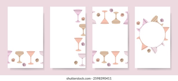 Abstract backgrounds with cocktail elements of minimal flat style and pastel colors. Editable template for social media post, card, cover, wedding invitation, poster