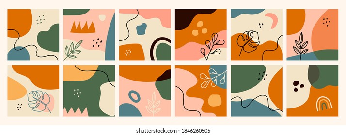 Recopilación de fondos abstractos. Dibujaron a mano varias formas y objetos de garabatos. Ilustraciones contemporáneas de moda de Vector. Cada fondo está aislado. Colores pasteles