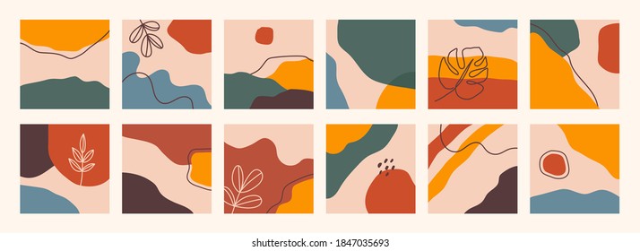 Abstract backgrounds collection. Hand drawn various shapes and doodle objects. Contemporary modern trendy Vector illustrations. Every background is isolated. Pastel colors