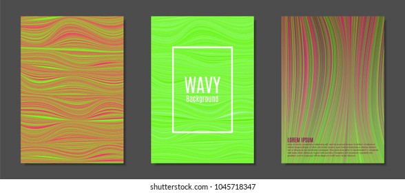 Abstract Backgrounds with Colorful Wavy Lines in Modern Style. Trendy Covers Design for Catalog, Folder, Brochure, Poster, Magazine, Banner, Book. Covers Templates Set with Wavy Stripes Lines and Text