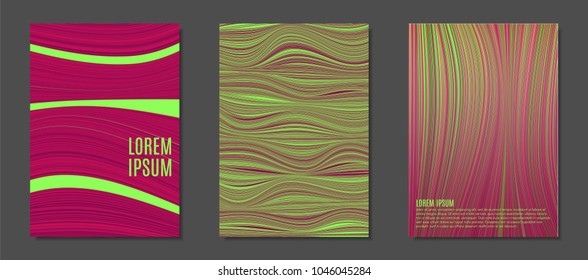 Abstract Backgrounds with Colorful Wavy Lines in Modern Style. Trendy Covers Design for Catalog, Folder, Brochure, Poster, Magazine, Banner, Book. Covers Templates Set with Wavy Stripes Lines and Text