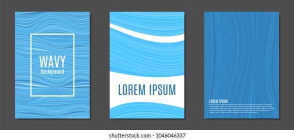 Antecedentes abstractos con coloridas líneas onduladas en estilo moderno. Diseño de portadas de moda para catálogo, carpeta, folleto, póster, revista, banner, libro. Cubre el conjunto de plantillas con líneas de franjas onduladas y texto