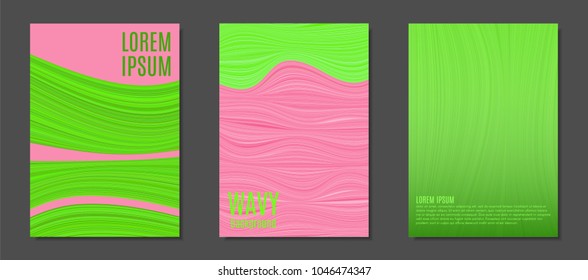 Abstract Backgrounds with Colorful Wavy Lines in Modern Style. Trendy Covers Design for Catalog, Folder, Brochure, Poster, Magazine, Banner, Book. Covers Templates Set with Wavy Stripes Lines and Text