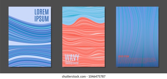 Abstract Backgrounds with Colorful Wavy Lines in Hipster Style.Trendy Covers Design for Catalog, Folder, Brochure, Poster, Magazine, Banner, Book. Covers Templates Set with Wavy Stripes Lines and Text