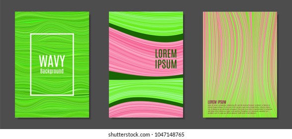 Abstract Backgrounds with Colorful Wavy Lines in Modern Style. Trendy Covers Design for Catalog, Folder, Brochure, Poster, Magazine, Banner, Book. Covers Templates Set with Wavy Stripes Lines and Text