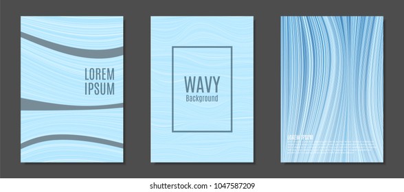 Abstract Backgrounds with Colorful Wavy Lines in Modern Style. Trendy Covers Design for Catalog, Folder, Brochure, Poster, Magazine, Banner, Book. Covers Templates Set with Wavy Stripes Lines and Text