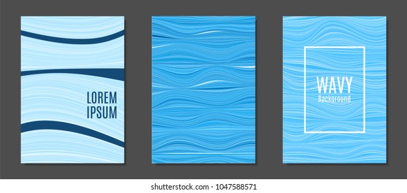 Abstract Backgrounds with Colorful Wavy Lines in Modern Style. Trendy Covers Design for Catalog, Folder, Brochure, Poster, Magazine, Banner, Book. Covers Templates Set with Wavy Stripes Lines and Text