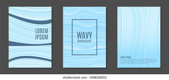 Abstract Backgrounds with Colorful Wavy Lines in Modern Style. Trendy Covers Design for Catalog, Folder, Brochure, Poster, Magazine, Banner, Book. Covers Templates Set with Wavy Stripes Lines and Text