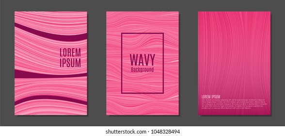 Antecedentes abstractos con coloridas líneas onduladas en estilo moderno. Diseño de portadas de moda para catálogo, carpeta, folleto, póster, revista, banner, libro. Cubre el conjunto de plantillas con líneas de franjas onduladas y texto
