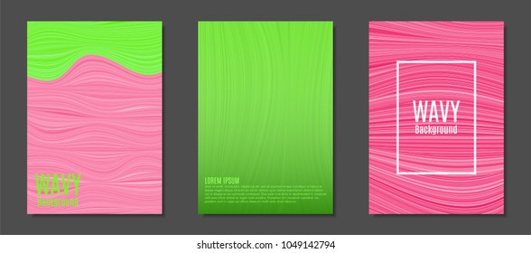 Abstract Backgrounds with Colorful Wavy Lines in Modern Style. Trendy Covers Design for Catalog, Folder, Brochure, Poster, Magazine, Banner, Book. Covers Templates Set with Wavy Stripes Lines and Text