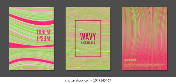 Abstract Backgrounds with Colorful Wavy Lines in Modern Style. Trendy Covers Design for Catalog, Folder, Brochure, Poster, Magazine, Banner, Book. Covers Templates Set with Wavy Stripes Lines and Text