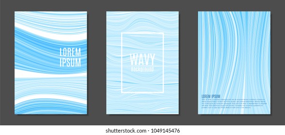 Abstract Backgrounds with Colorful Wavy Lines in Modern Style. Trendy Covers Design for Catalog, Folder, Brochure, Poster, Magazine, Banner, Book. Covers Templates Set with Wavy Stripes Lines and Text