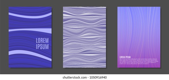 Abstract Backgrounds with Colorful Wavy Lines in Modern Style. Trendy Covers Design for Catalog, Folder, Brochure, Poster, Magazine, Banner, Book. Covers Templates Set with Wavy Stripes Lines and Text