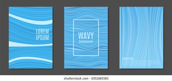 Abstract Backgrounds with Colorful Wavy Lines in Modern Style. Trendy Covers Design for Catalog, Folder, Brochure, Poster, Magazine, Banner, Book. Covers Templates Set with Wavy Stripes Lines and Text
