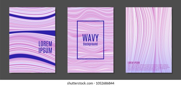 Abstract Backgrounds with Colorful Wavy Lines in Modern Style. Trendy Covers Design for Catalog, Folder, Brochure, Poster, Magazine, Banner, Book. Covers Templates Set with Wavy Stripes Lines and Text
