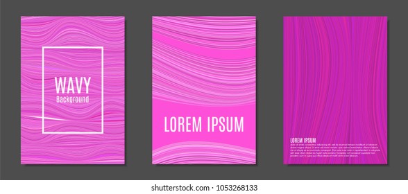 Abstract Backgrounds with Colorful Wavy Lines in Modern Style. Trendy Covers Design for Catalog, Folder, Brochure, Poster, Magazine, Banner, Book. Covers Templates Set with Wavy Stripes Lines and Text