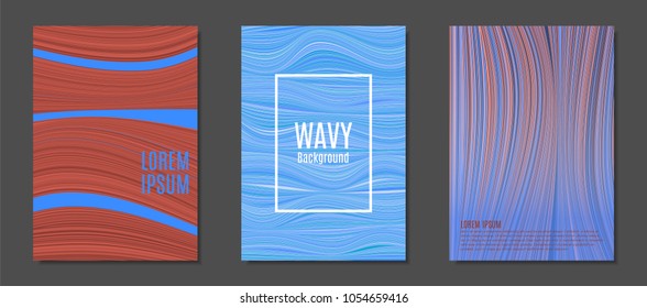 Abstract Backgrounds with Colorful Wavy Lines in Hipster Style.Trendy Covers Design for Catalog, Folder, Brochure, Poster, Magazine, Banner, Book. Covers Templates Set with Wavy Stripes Lines and Text