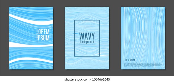 Abstract Backgrounds with Colorful Wavy Lines in Modern Style. Trendy Covers Design for Catalog, Folder, Brochure, Poster, Magazine, Banner, Book. Covers Templates Set with Wavy Stripes Lines and Text