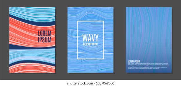 Abstract Backgrounds with Colorful Wavy Lines in Hipster Style.Trendy Covers Design for Catalog, Folder, Brochure, Poster, Magazine, Banner, Book. Covers Templates Set with Wavy Stripes Lines and Text