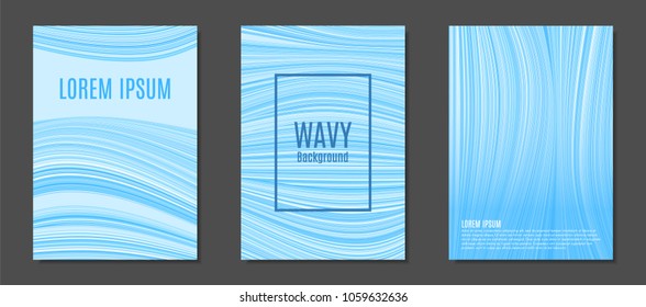 Abstract Backgrounds with Colorful Wavy Lines in Modern Style. Trendy Covers Design for Catalog, Folder, Brochure, Poster, Magazine, Banner, Book. Covers Templates Set with Wavy Stripes Lines and Text