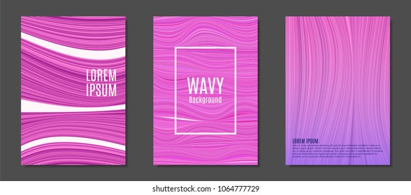 Abstract Backgrounds with Colorful Wavy Lines in Modern Style. Trendy Covers Design for Catalog, Folder, Brochure, Poster, Magazine, Banner, Book. Covers Templates Set with Wavy Stripes Lines and Text
