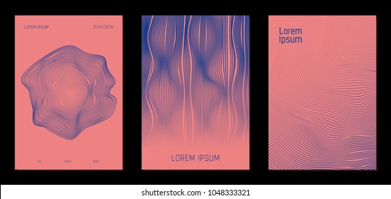Abstract Backgrounds. Cover Design Templates Set with Wavy Lines in Modern Style. Gradient Texture with Curves Stripes and Text. Trendy Covers for Brochure, Magazine, Presentation, Musical Posters.