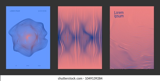 Abstract Backgrounds. Cover Design Templates Set with Wavy Lines in Modern Style. Gradient Texture with Curves Stripes and Text. Trendy Covers for Brochure, Magazine, Presentation, Musical Posters.