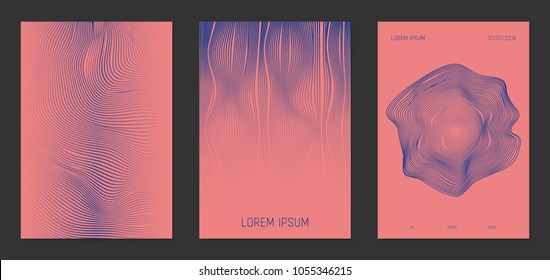Abstract Backgrounds. Cover Design Templates Set with Wavy Lines in Modern Style. Gradient Texture with Curves Stripes and Text. Trendy Covers for Brochure, Magazine, Presentation, Musical Posters.